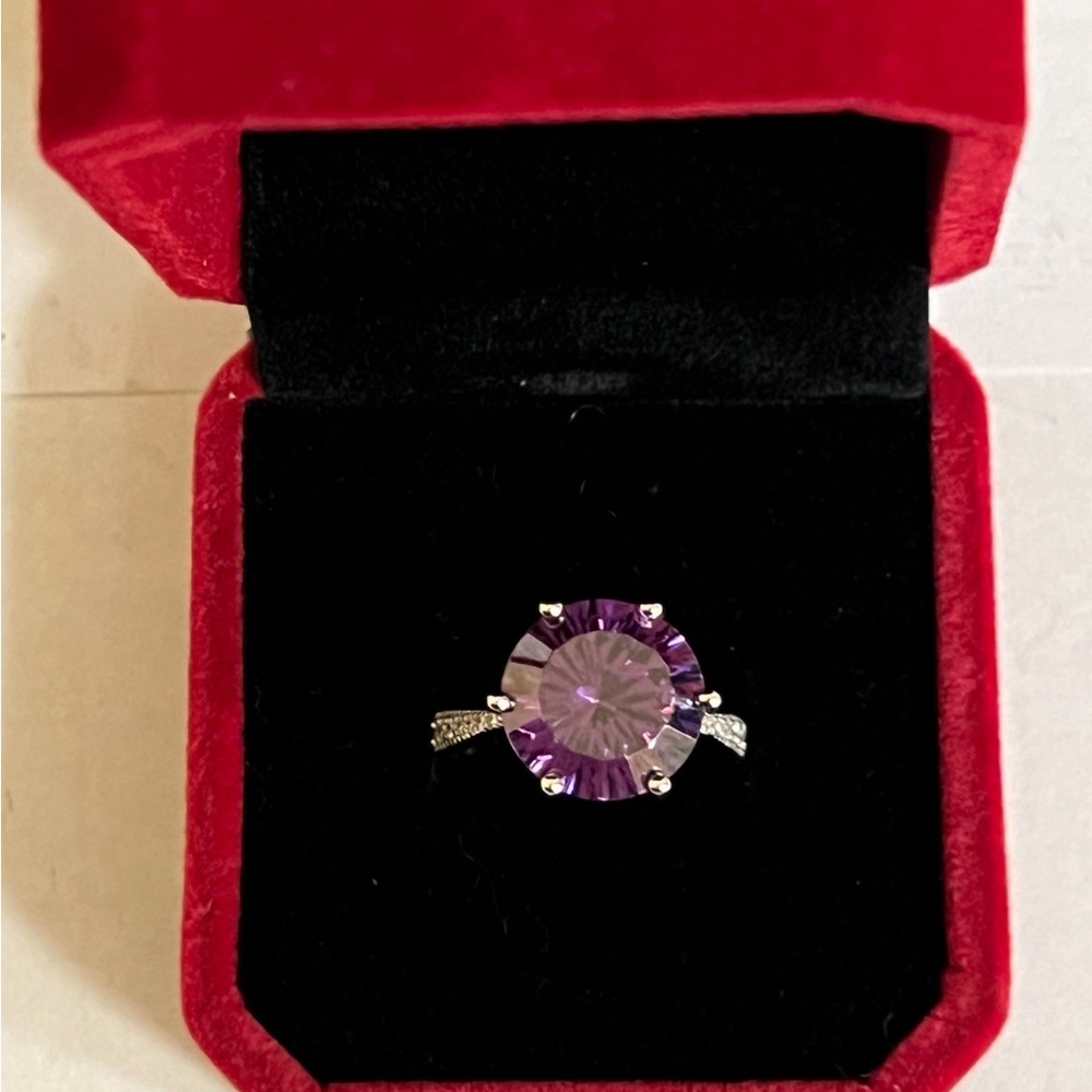 Ring - sterling STS - large purple glass solitaire crystals prong set - (#0774)
